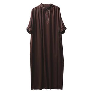 JUZININE桑蚕丝连衣裙褶皱宽松短袖套头立领中长款衬衣裙薄夏