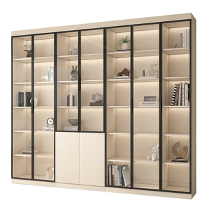 书柜带玻璃门轻奢家用客厅一体整墙书架落地置物架定制手办展示柜