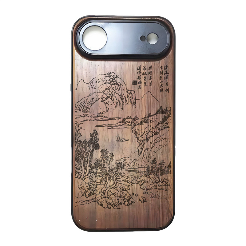 山水画苹果17pro max胡桃木手机壳iphone Air防摔保护套马到成功复古中国风创意上山虎雕刻大象男女新款适用