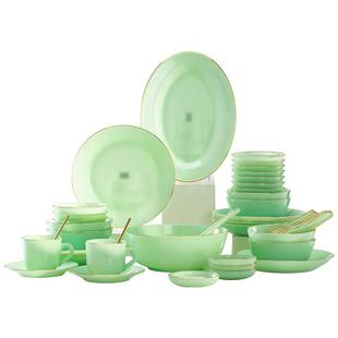 绿色玉瓷餐具碗盘家用盘子汤碗饭碗中式碗碟套装玉碗陶瓷瓷碗