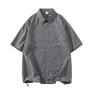 GLM美式翻领格子短袖衬衫男夏季新款潮流宽松休闲高级感百搭衬衣