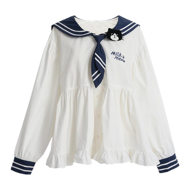 森女部落学院风撞色海军领长袖衬衫女新款可爱奶牛喵刺绣上衣秋季
