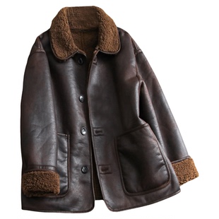 「正反双面穿」纯色皮毛一体加厚保暖宽松显瘦长袖女pu皮外套Q580