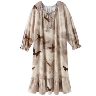 睡裙女士睡衣春秋款莫代尔长袖秋季薄款冰丝可外穿长款秋冬连衣裙