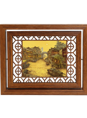 中式风手工木质相框装饰摆件家居桌面工艺品古风建筑风景画框