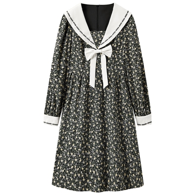 爱居兔春季法式气质甜美海军领碎花长袖连衣裙