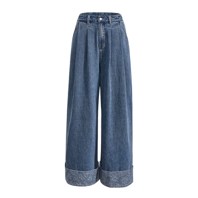 蓝色复古牛仔裤直筒阔色长裤