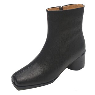 步享~法式羊皮短靴女软底杏色通勤猪鼻子粗跟中跟真皮百搭瘦瘦靴