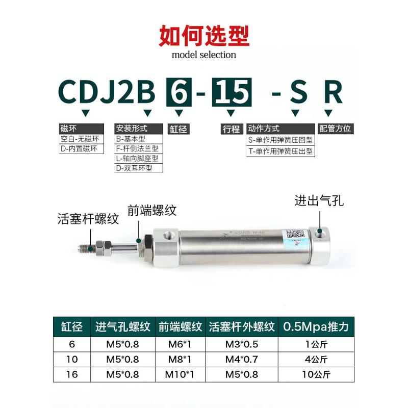 星辰气动不锈钢笔形迷你气缸PB/CDJ2B10/16-10X20X30*40X50X60*75