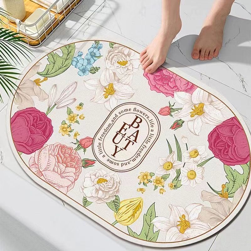 美式花卉家用卫生间浴室防滑垫吸水硅藻泥地垫速干防滑门口脚垫