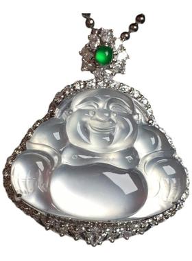 新中式高冰白玉髓佛公吊坠项链镶嵌白金玛瑙S925银饰翡翠锁骨链女