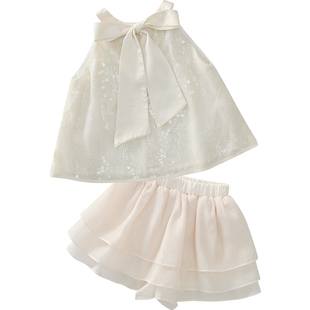 女童套装夏季2025新款洋气儿童网纱两件套女宝法式小香风短裤套装