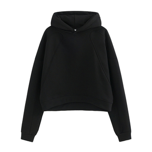 巨好看的加绒加厚黑色套头连帽短款卫衣女秋冬2025新款小个子上衣