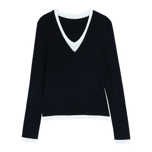 pusumede 在韩欧尼 假两件撞色v领针织衫女慵懒设计感长袖上衣
