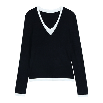 pusumede 在韩欧尼 假两件撞色v领针织衫女慵懒设计感长袖上衣