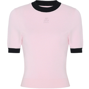 FIVE PLUS针织衫女修身气质肌理感刺绣短袖圆领小众宽松套头上衣