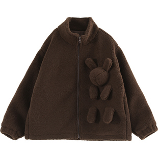 NNGZ设计师风立体小熊女童仿羊羔毛亲子外套秋冬柔软儿童毛绒大衣