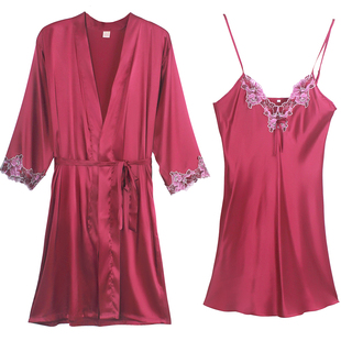 夏季性感睡衣女春秋天长袖冰丝吊带睡裙丝绸睡袍薄款短裙两件套装