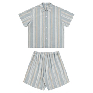 warmtrees支线TreesHome复古蓝底黄白条纹家居服春夏睡衣套装男女
