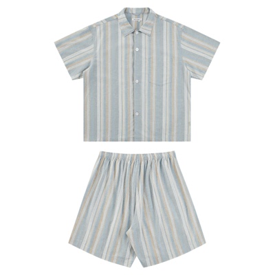 warmtrees支线TreesHome复古蓝底黄白条纹家居服春夏睡衣套装男女