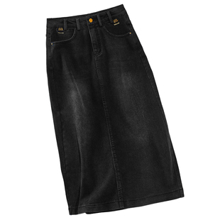 安可拉红高腰开叉牛仔半身裙女秋冬2024新款a字中场款直筒包臀裙