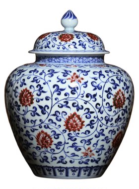 小桥窑史来钟青花釉里红手绘茶罐