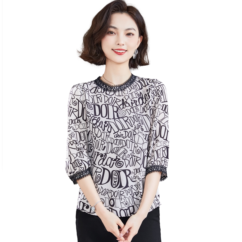 宽松遮肚字母印花100%桑蚕丝上衣