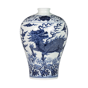景德镇宁封窑青花瓷陶瓷花瓶摆件仿古中式客厅装饰品麒麟踏浪梅瓶
