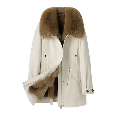 2025年冬季派克服女狐狸毛领獭兔毛内胆可拆卸大衣中长款皮草外套