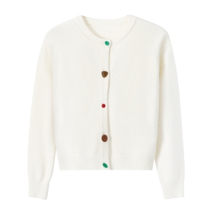 Basic House/百家好绵羊毛毛衣女款2025冬季新款红色针织开衫外套