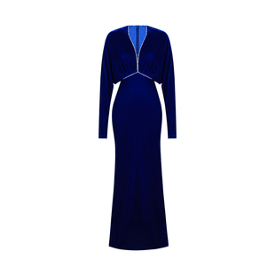 XULU原创蓝色丝绒性感深V包臀礼服裙纯手工订珠法式高腰连衣裙