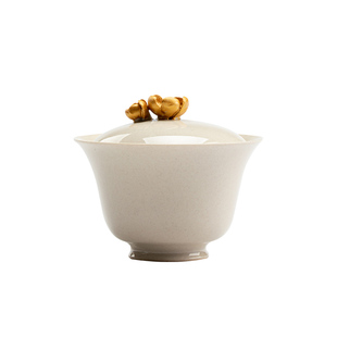 复古手工陶瓷防烫纯色草木灰手捏寒梅描金清然盖碗手工捏花泡茶碗