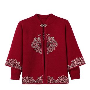 中老年妈妈秋装洋派针织结婚礼服两件式套装喜婆婆秋冬毛衣开衫外