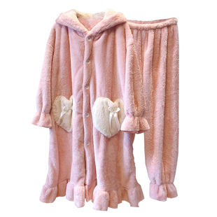 珊瑚绒睡衣女秋冬可爱兔子耳朵加厚大码宽松女士家居服睡袍浴袍