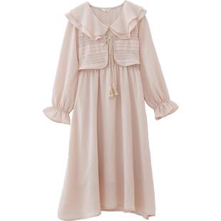 it'real瑞尔春新款花边领粉色连衣裙仙气质通勤长袖中长裙