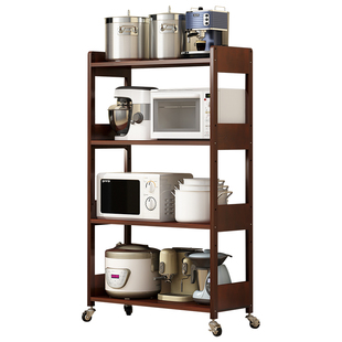 实木厨房置物架落地式微波炉烤箱收纳架子移动带轮多层放锅储物柜