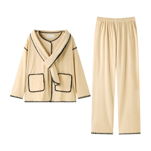 曼系“所有人放轻松”海岛绒睡衣女秋冬季中长款韩系时尚开衫套装