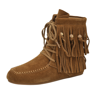 MILLIE'S/妙丽复古流苏切尔西靴女加绒保暖系带西部风卡其色短靴Q