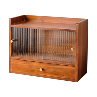 杯子茶具收纳盒桌面实木收纳柜推拉门带抽屉日系杂物整理盒玻璃门