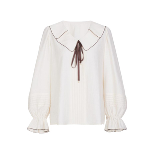 婉甸秋季奶油米V领荷叶领口套头上衣上1233H07RS5