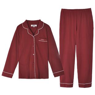 美标情侣针织纯棉睡衣男女枣红色衬衫领家居服套装结婚本命年