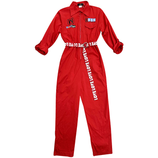 中国风舞蹈演出服爵士跳舞kpop女团打歌服嘻哈街舞红色连体工装裤