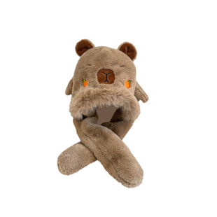 卡皮巴拉帽子儿童围巾一体冬季捏耳朵会动的小围脖大男孩护耳冬天