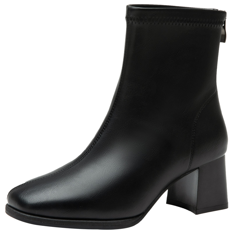 大东女靴时装靴2025冬季新款知性方头粗高跟通勤女短靴简约职场