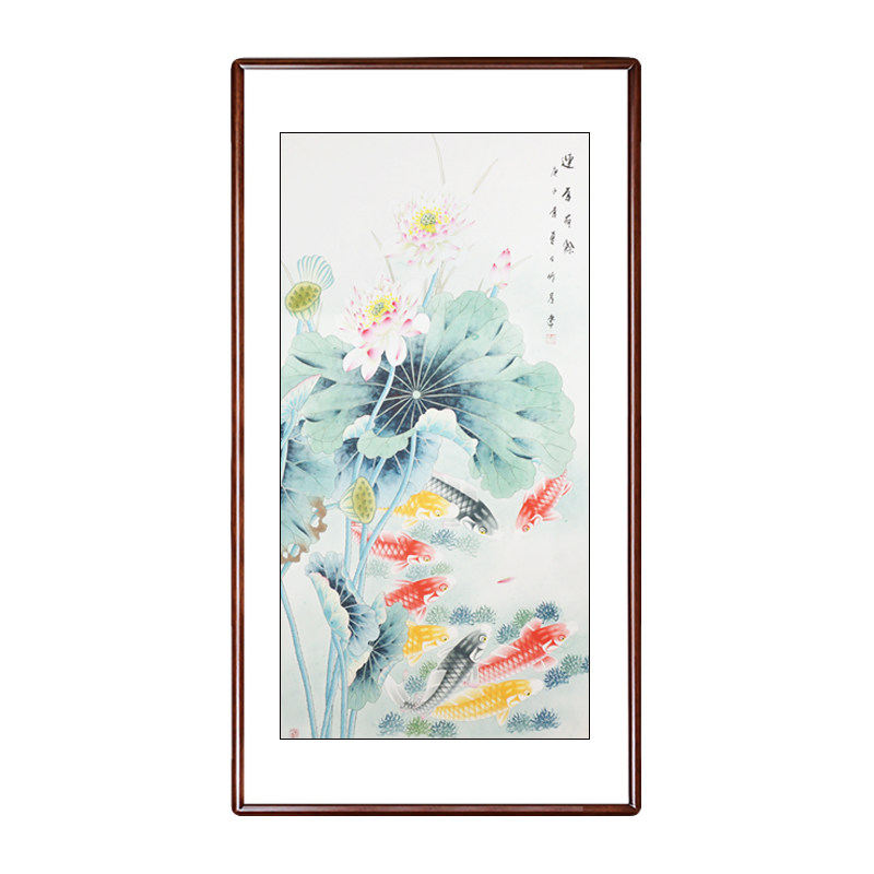 九鱼图花鸟竖版手绘国画玄关装饰画客厅过道走廊挂画墙画壁画字画