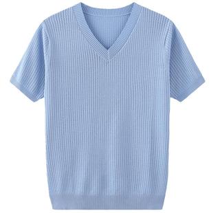 夏季镂空V领短袖t恤男冰丝半袖针织打底衫薄款潮流缕空体恤上衣服