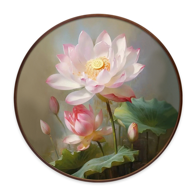 圆形荷花纯手绘花卉油画和和美美