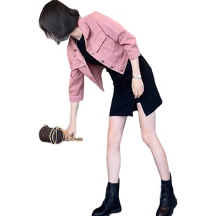 网红港风小个子时尚减龄女春装牛仔外套开叉包臀连衣裙百搭套装潮