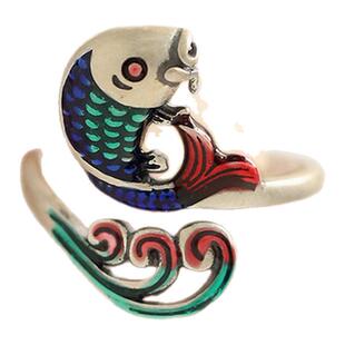 925银海浪上岸锦鲤复古国风戒指25年小众设计时尚民族风指环礼物