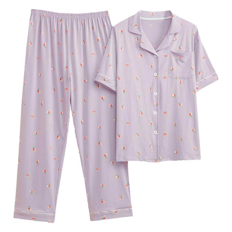 春夏针织棉开衫大码睡衣套装女